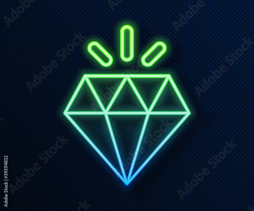 Glowing neon line Diamond icon isolated on blue background. Jewelry symbol. Gem stone. Vector.