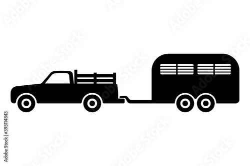 Farm pickup truck with livestock trailer icon. Black silhouette. Side view. Vector flat graphic illustration. The isolated object on a white background. Isolate.