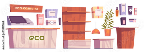 Eco cosmetics store interior stuff and furniture, body care beauty shop cosmetic bottles, wooden showcase shelves, cashier desk, computer and signboard. Natural goods for women cartoon vector set