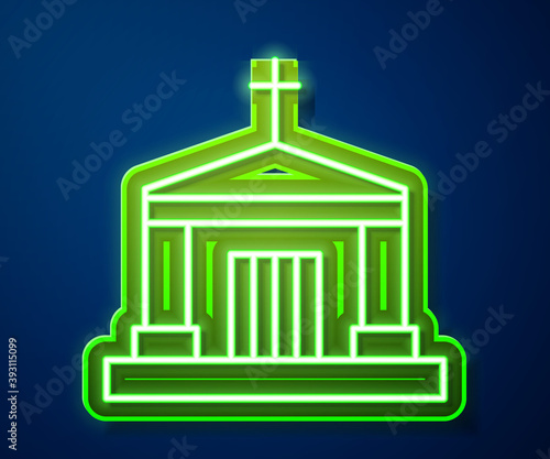 Glowing neon line Old crypt icon isolated on blue background. Cemetery symbol. Ossuary or crypt for burial of deceased. Vector.