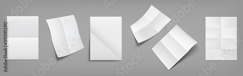 Folded blank posters, white paper sheets with crossing creases top and perspective view. Vector realistic mockup of empty wrinkled leaflet, flyer, document pages with folds isolated on gray background