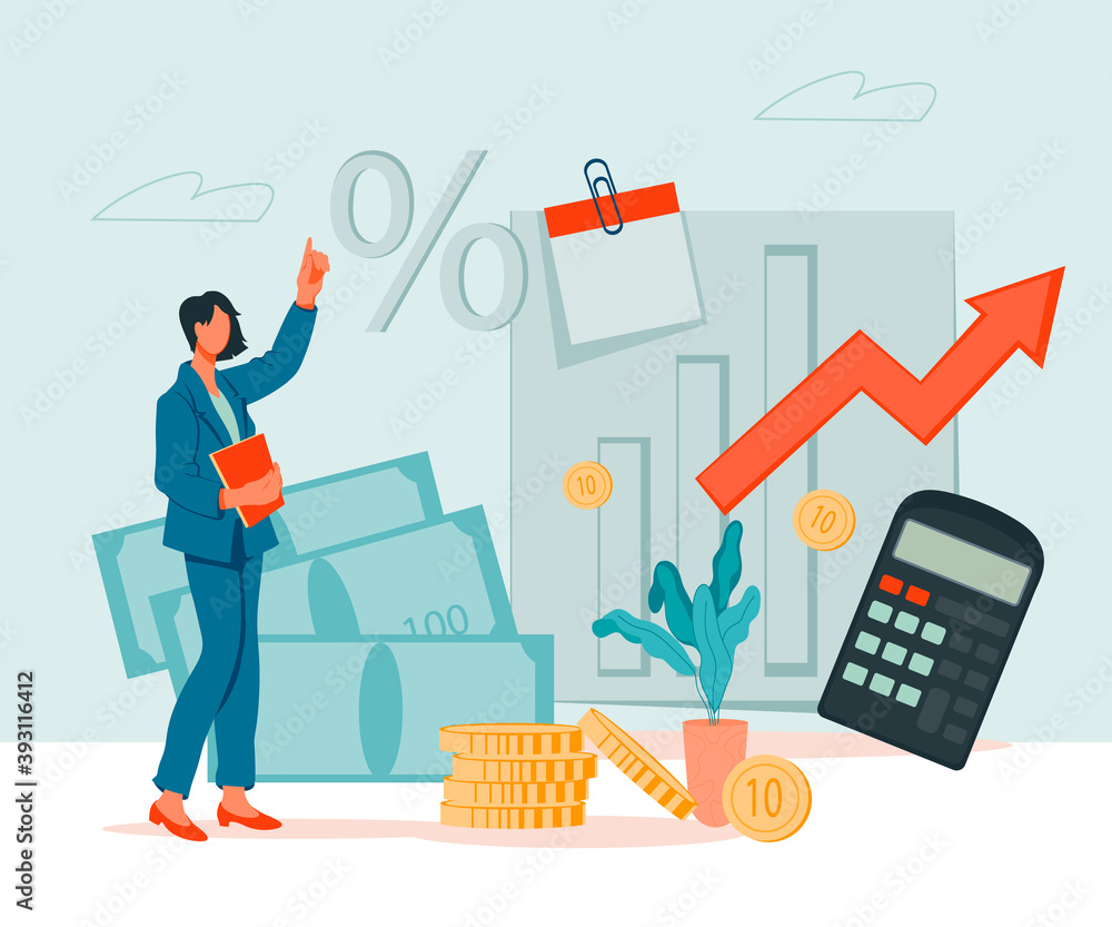 Accounting and tax calculation concept banner with business woman surrounded by money and calculation symbols. Budget management, audit and accounting document flow,flat vector illustration. Accounting and tax calculation concept banner with business woman surrounded by money and calculation symbols. Budget management, audit and accounting document flow,flat vector illustration.