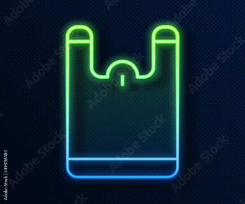 Glowing neon line Plastic bag icon isolated on blue background. Disposable cellophane and polythene package prohibition sign. Vector.
