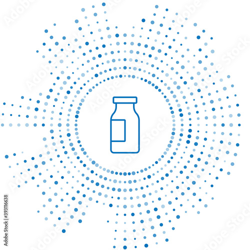Blue line Closed glass bottle with milk icon isolated on white background. Abstract circle random dots. Vector.