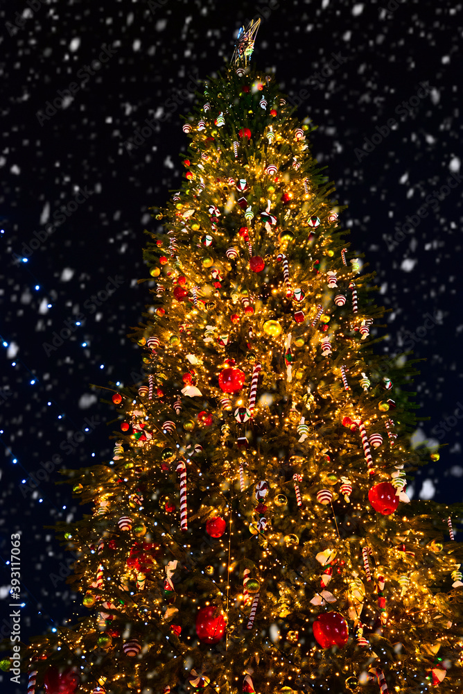 Ornate Christmas tree at night outdoors. National Christmas Tree.