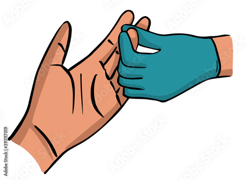 Taking of blood from a finger for analysis doctor and patient hands. Vector illustration doodle style