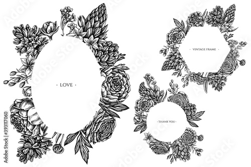 Floral frames with black and white peony, carnation, ranunculus, wax flower, ornithogalum, hyacinth