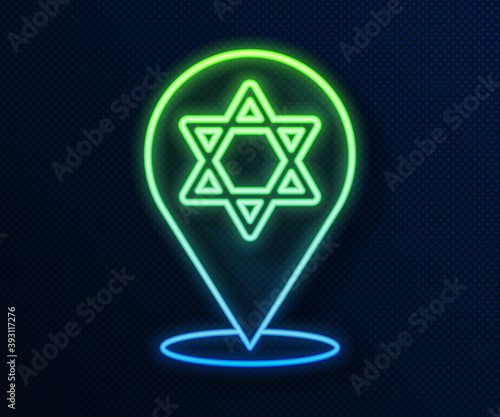 Glowing neon line Star of David icon isolated on blue background. Jewish religion symbol. Symbol of Israel. Vector.
