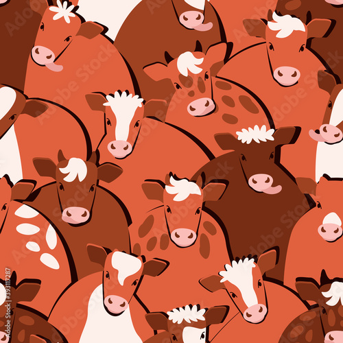 Funny gobies seamless pattern. Symbol of 2021. Fabric print with cute calves. Mischievous calves with horns, tongues and a speck. Flat vector illustration.