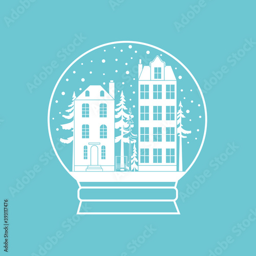 Vector image of a snow globe. Snow-covered city in a snow globe. Monochrome image in a blue color scheme. Template for greeting cards. Flat illustration.