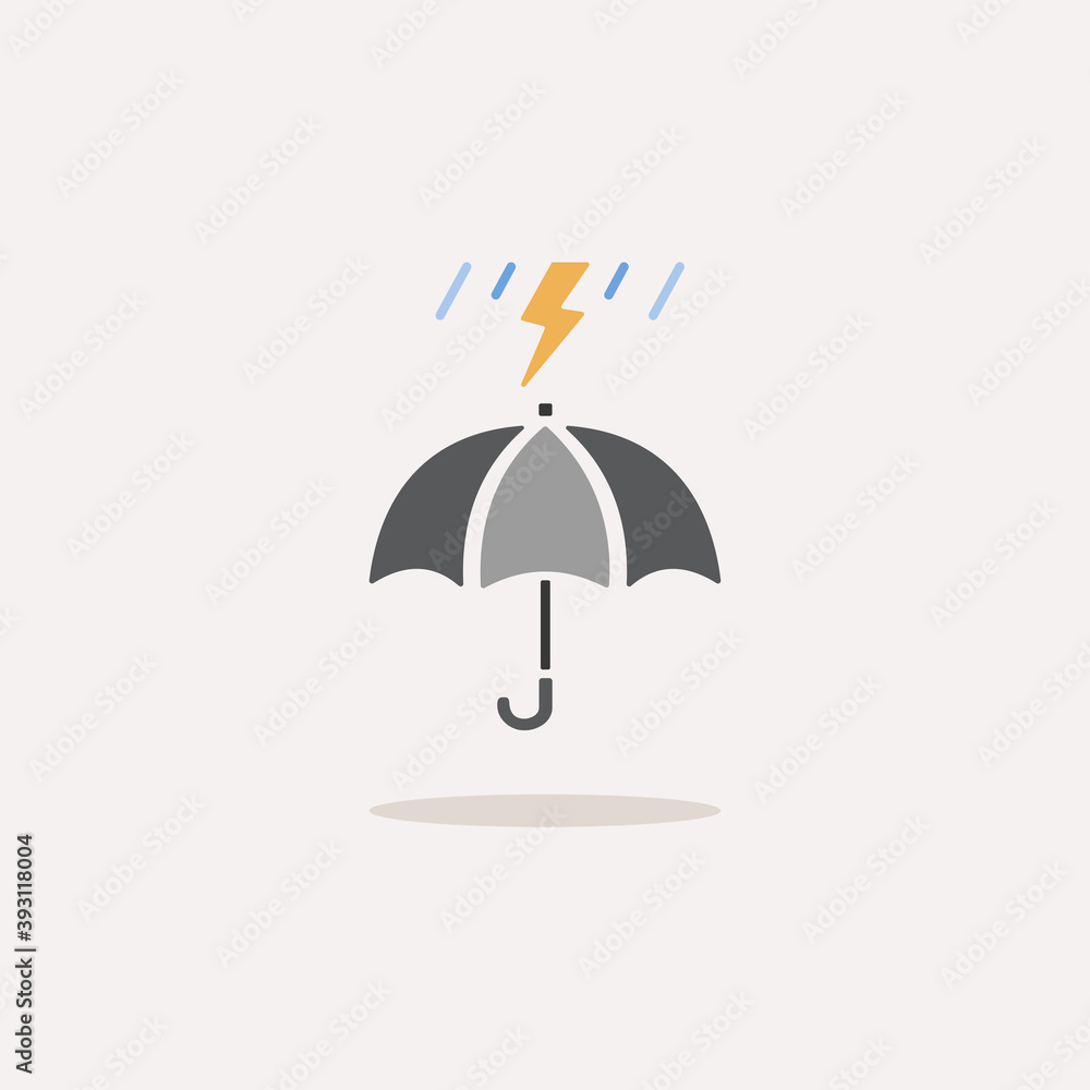 Umbrella and heavy storm. Color icon with shadow. Weather vector illustration
