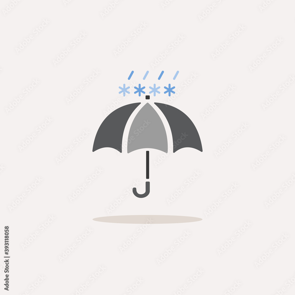Umbrella with rian and snow. Color icon with shadow. Weather vector illustration