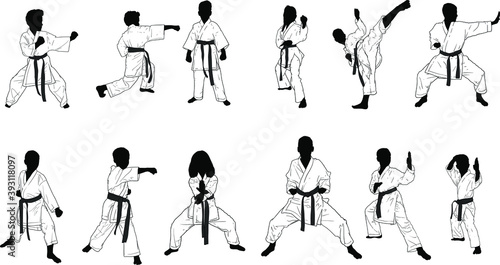 a dozen silhouettes of karate kids in kimonos in different defensive and attacking positions