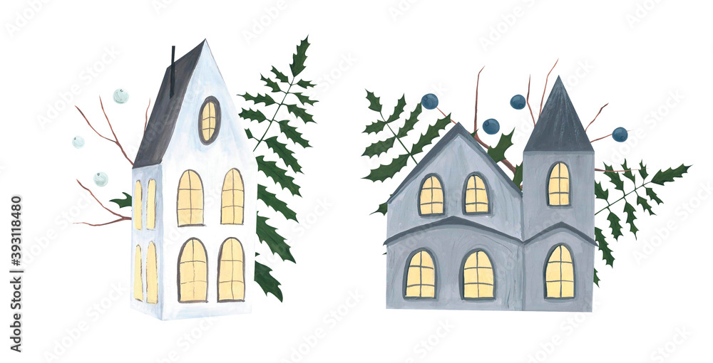 Little houses in the forest. Hand-drawn isolated illustrations