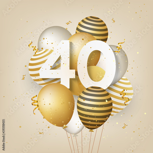 Happy 40th birthday with gold balloons greeting card background. 40 years anniversary. 40th celebrating with confetti. Vector stock