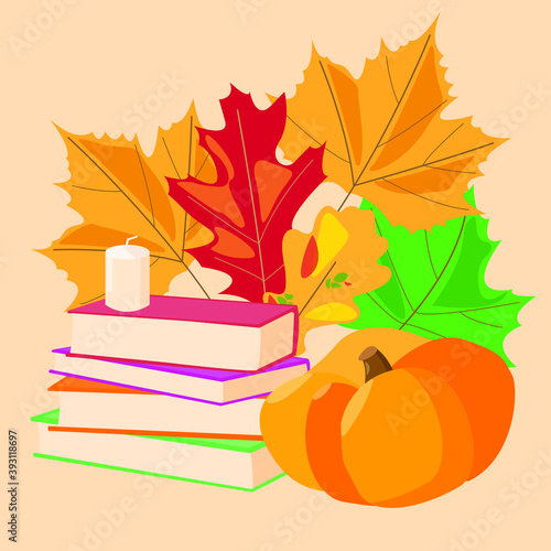 Vector illustration with books, pumpkin and autumn leaves 