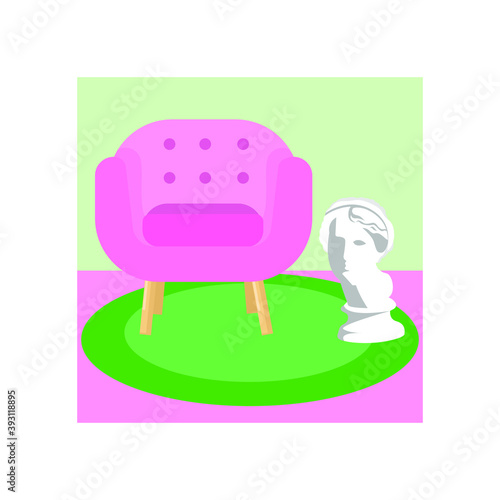 Modern cartoon living room with furniture and plants. Cozy interior with armchair, picture, sculpture. Flat style vector illustration.