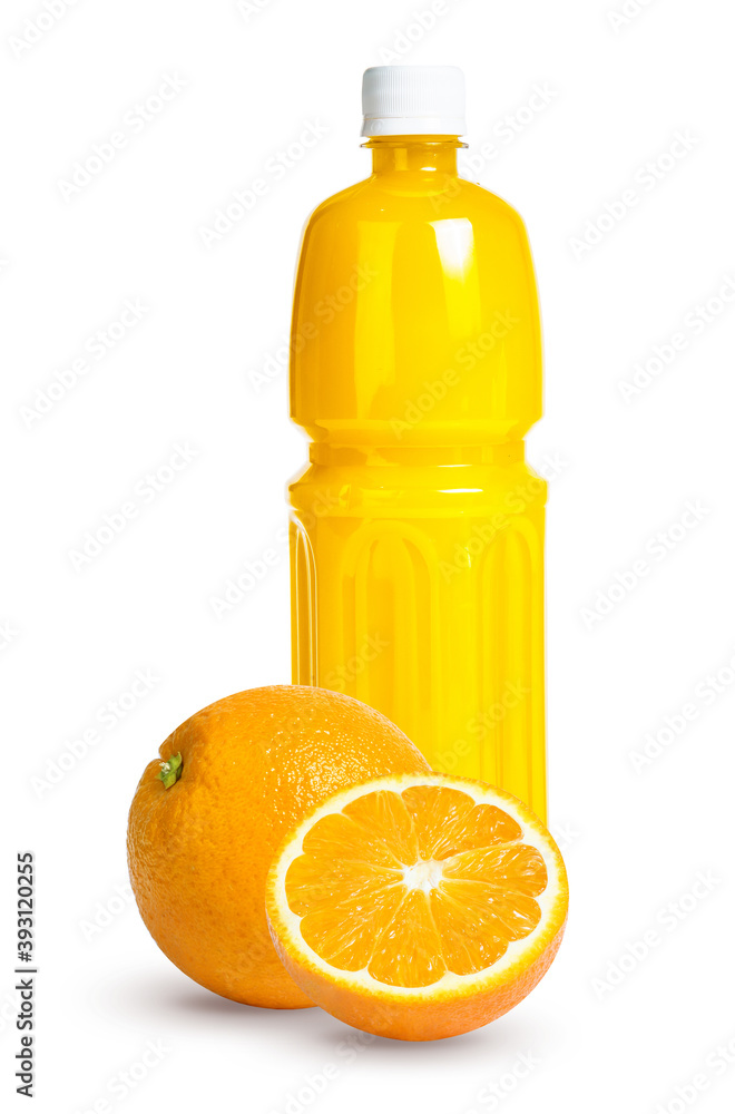 Fresh orange juice in glass or bottle with fruits, isolated on white Fresh orange juice in glass or bottle with fruits, isolated on white