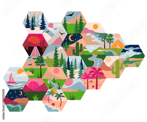 Set of weather and landscapes icons. Vector illustration.
