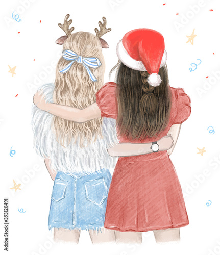 Two girls, best friends in Christmas. Hand drawn illustration