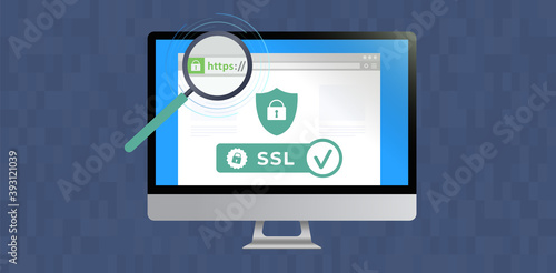 Website with SSL certificate encryption. Browser window with safe https (HyperText Transfer Protocol Secure) url in web address bar. Advantage TLS (Transport Layer Security) Flat vector illustration  photo