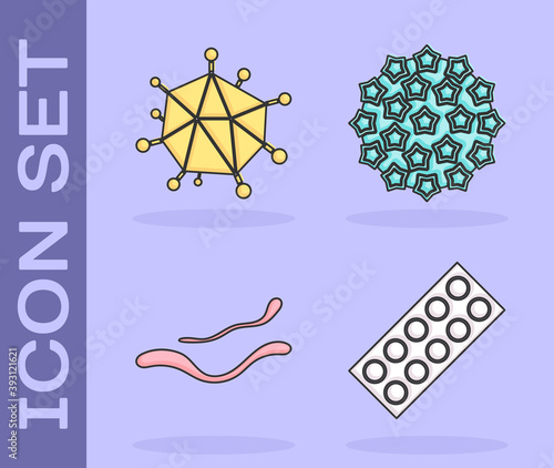Set Pills in blister pack, Virus, Ebola virus disease and Virus icon. Vector.