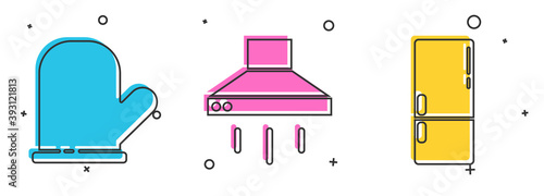Set Oven glove, Kitchen extractor fan and Refrigerator icon. Vector.