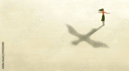 Obraz na plátně Imagination artwork ,Woman with flying bird shadow , painting art, conceptual il
