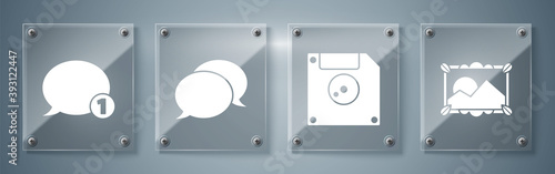 Set Picture landscape, Floppy disk for computer data storage, Speech bubble chat and Speech bubble chat. Square glass panels. Vector.