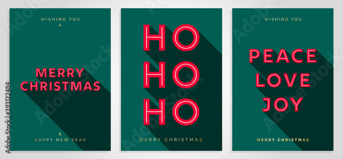 Christmas Card Design Template. Merry Christmas Card Set with 3D Creative Text Typography. Merry Christmas, HO HO HO, Peace Love Joy. Luxury Elegant Modern Minimal Style. Vector Christmas Cards EPS10 photo