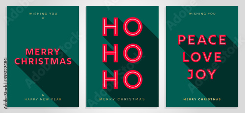 Christmas Card Design Template. Merry Christmas Card Set with 3D Creative Text Typography. Merry Christmas, HO HO HO, Peace Love Joy. Luxury Elegant Modern Minimal Style. Vector Christmas Cards EPS10