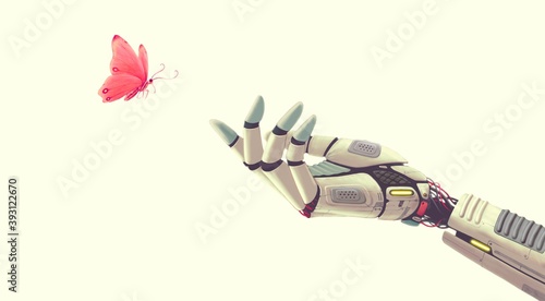 Technology and nature concept, surreal artwork, robot hand with butterfly , conceptual of freedom ,painting illustration , science	
,3d illustration