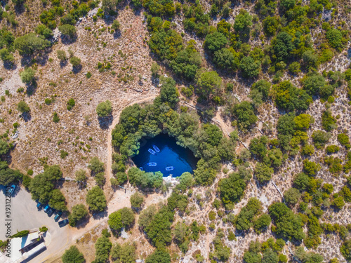 Drone view of Melissani lake in Kefalonia, Greece photo