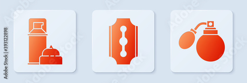 Set Blade razor, Shaving gel foam and Aftershave bottle with atomizer. White square button. Vector.
