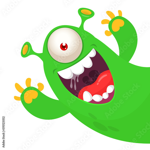 Cartoon momnster  with one eye waving hands and smiling. Halloween vector illustration