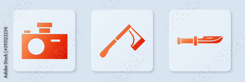 Set Wooden axe, Photo camera and Camping knife. White square button. Vector.