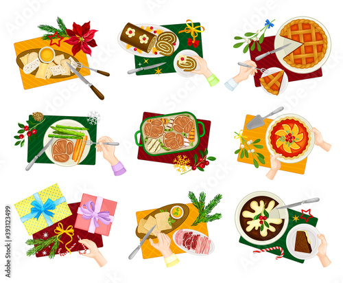 Traditional Christmas Eve Family Dinner Table Above View Vector Set