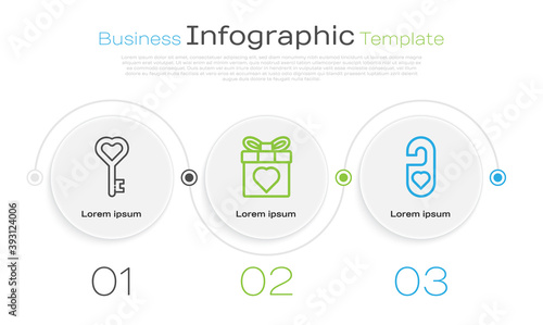 Set line Key in heart shape, Gift box and heart and Please do not disturb with heart. Business infographic template. Vector.