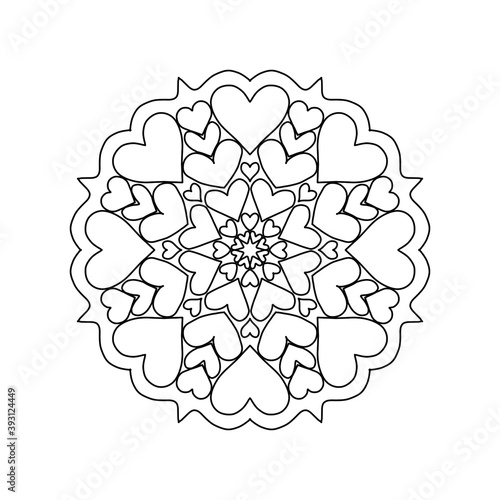 Mandala, tracery heart, beautiful pattern or designed for coloring book page, tattoo, postcard, cover or yoga template. Binary monochrome on black and white art. Valentine's day concept.