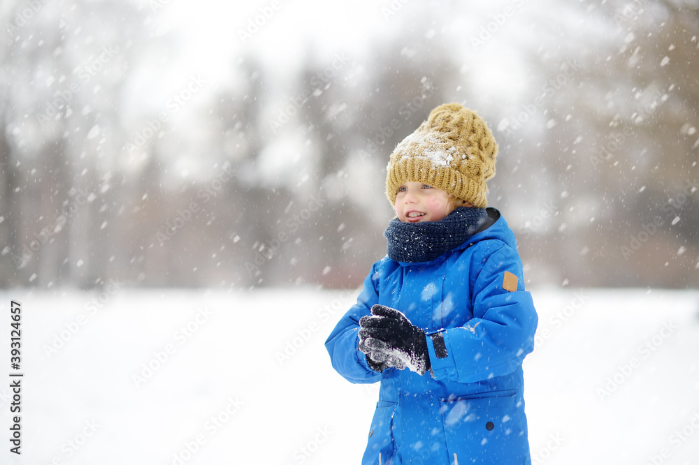 Little boy having fun playing with fresh snow during snowfall. Snowball fight. Active outdoors leisure for child in snowy winter day. Little boy having fun playing with fresh snow during snowfall. Snowball fight. Active outdoors leisure for child in snowy winter day.