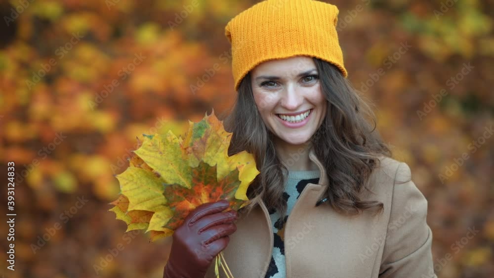 Hello november. happy modern female in beige coat and orange hat with autumn yellow leaves outside in the city park in autumn. Hello november. happy modern female in beige coat and orange hat with autumn yellow leaves outside in the city park in autumn.