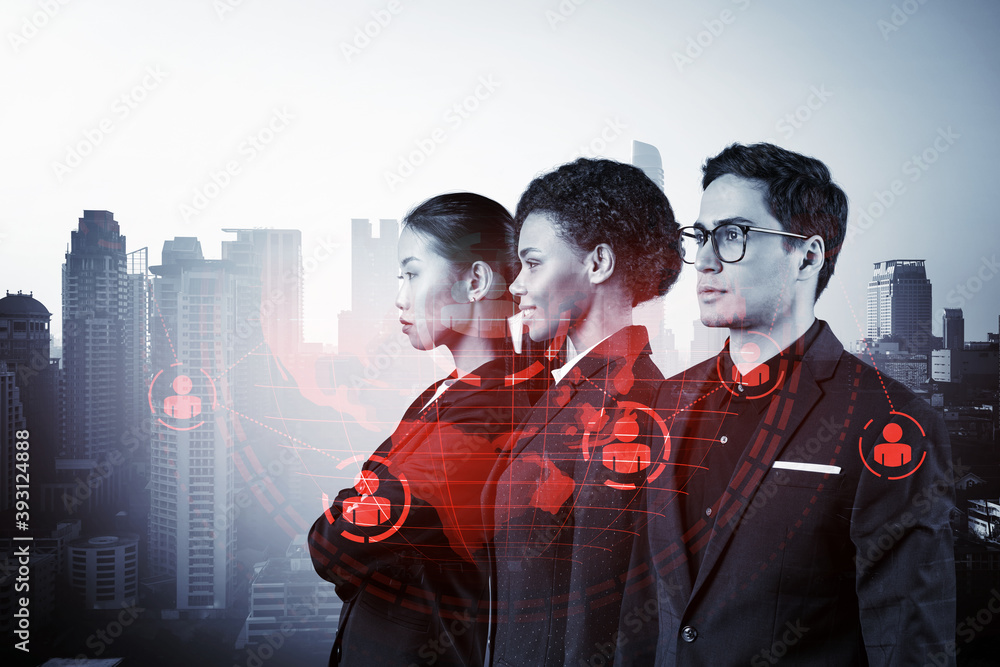 Fototapeta premium Group of SMM specialists working on social media marketing strategy to achieve business goals. Hologram icons over Bangkok background.