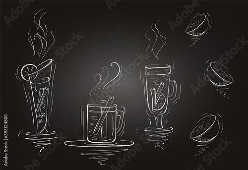 Hand drawn glasses with mulled wine, orange and cinnamon sticks. Isolated beverages on chalkboard.
