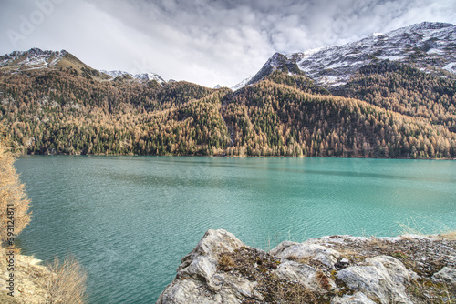 Beautiful shot of the valley Martelltal with the lake Zufrittsee in South Tyrol, Italy photo