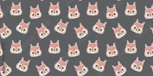 Seamless pattern. Cartoon funny little squirrel faces with opened eyes, ruddy cheeks on white outlines on a dark brown background. Funny texture of chipmunk muzzles. Rodent heads. Kawaii. Vector.