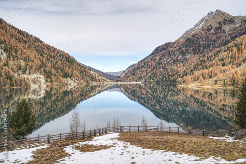 Beautiful shot of the valley Martelltal with the lake Zufrittsee in South Tyrol, Italy photo