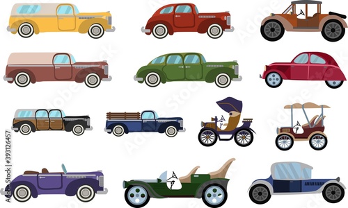 Set of cartoon colored Vintage cars. Flat style classic cars set