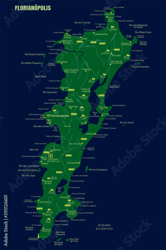 Colorful Florianópolis Island Map, Brazil.