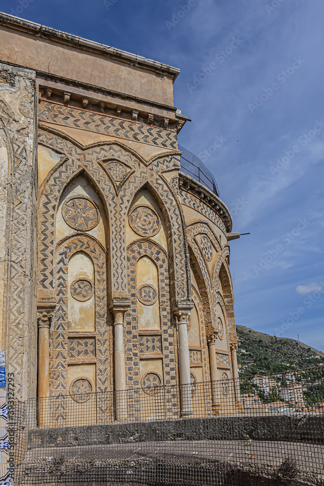 Fragment of Roman Catholic Cathedral of Monreale (or Duomo di Monreale, 1267) near Palermo; one of greatest extant examples of Norman architecture. Monreale, Sicily, Italy, Europe.