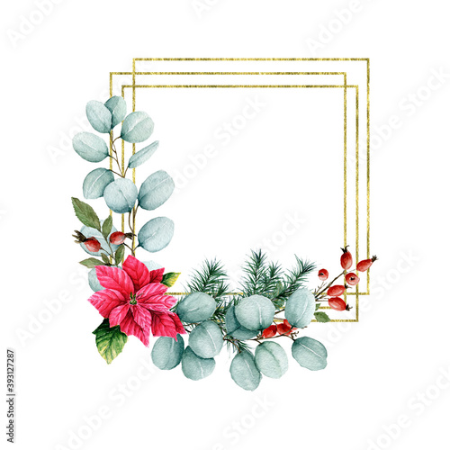 Christmas eucalyptus poinsettia gold foil frame. Spruce branches  flowers. Rectangle polygonal frame. Watercolor high quality winter clipart. Elegant wreath  wedding frame. Merry Christmas. Geometry